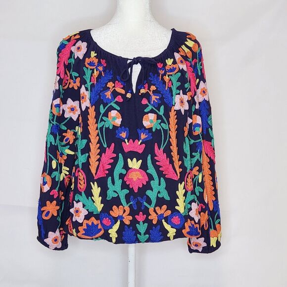 Soft Surroundings Banjara Embroidered Peasant Blouse Top Small Navy Lined Boho - Picture 2 of 15